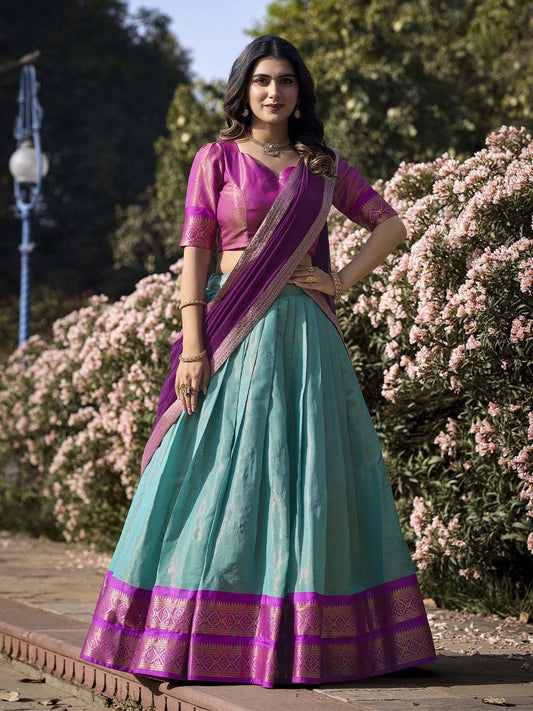 Lorenvalley Skyblue Kanchipuram Zari Weaving Work Lehenga Choli with Dupatta | Swadesiicart