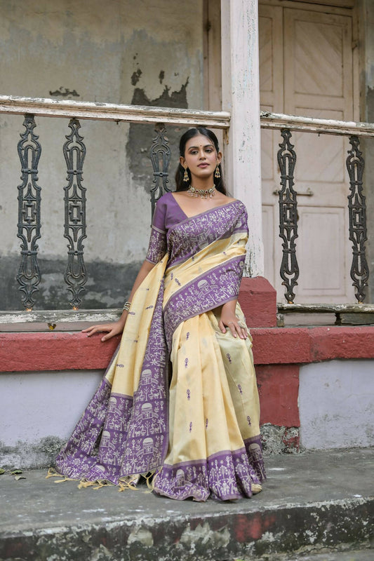 Vishnu Weaves Women's Wine Handloom Raw Silk Woven Saree with Blouse - Swadesiicart