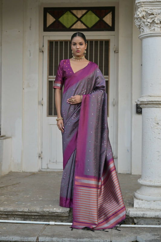 Vishnu Weaves Women's Grey Raw Silk Saree with Blouse - Swadesiicart