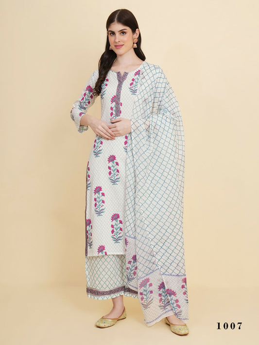 Designer Stylish white Cotton Stitched Suit With Dupatta - Tanisha | Swadesiicart