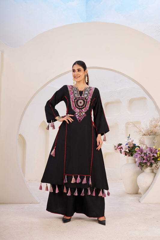 Lehenga Mart Black Reyon Designer Cord-Set Ready To Wear - Swadesiicart