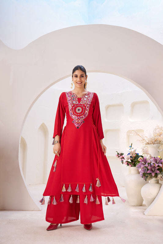 Lehenga Mart Red Reyon Designer Cord-Set Ready To Wear - Swadesiicart