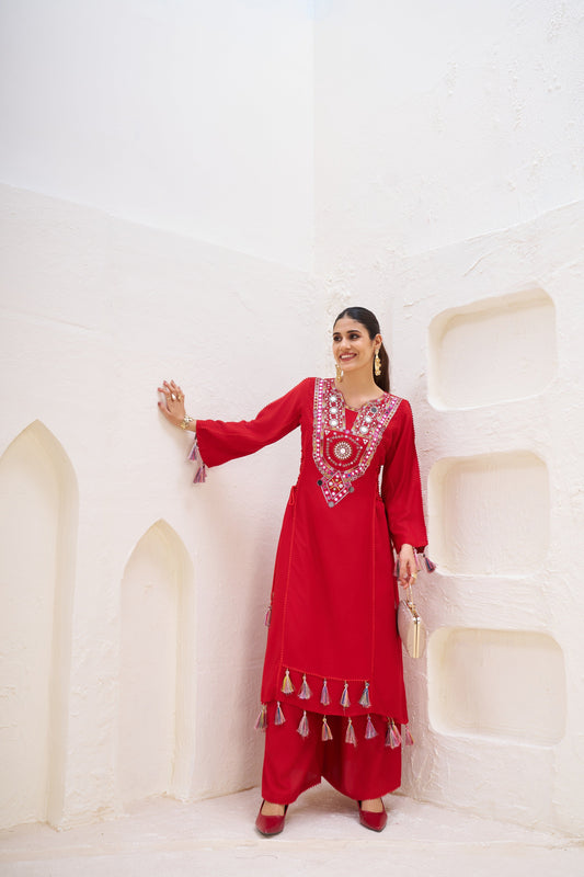 Lehenga Mart Red Reyon Designer Cord-Set Ready To Wear - Swadesiicart