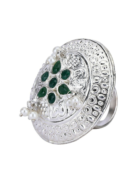 Joban Fashion Women Green Stone Silver Tone Ring | Swadesiicart