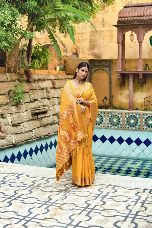 Vishnu Weaves Women's Yellow Cotton Silk Zari Woven Butta Work Saree with Blouse - Swadesiicart
