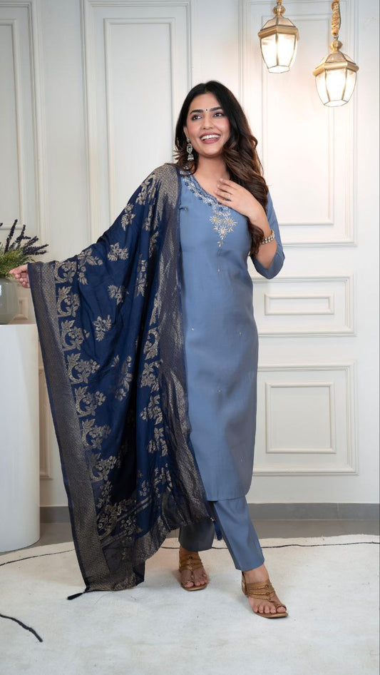 Lorenvalley Fashion Steelblue Roman Silk Hand Work Kurta Pant with Dupatta - Swadesiicart