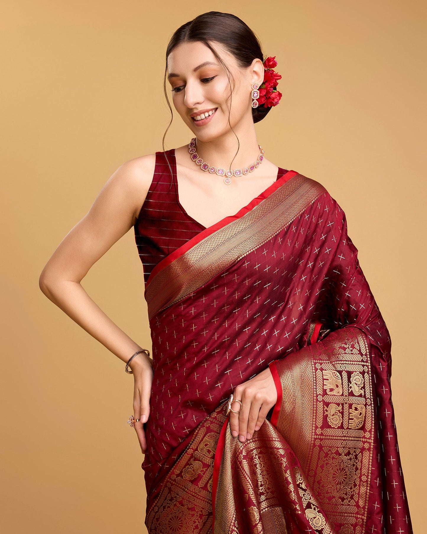 Vedant Vastram Soft Litchi Silk Banarasi Silk Saree - Maroon | Swadesiicart