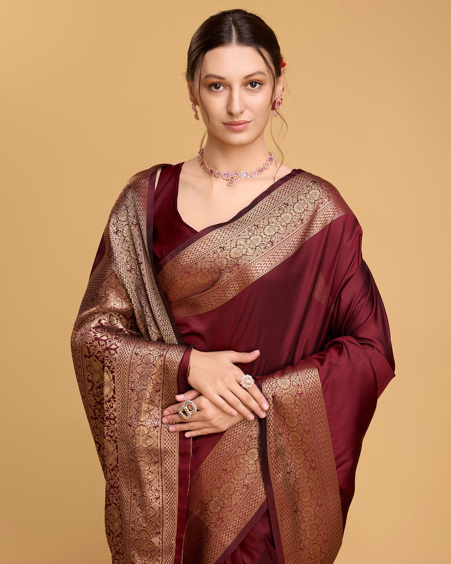 Vedant Vastram Soft Litchi Silk Banarasi Silk Saree - Maroon | Swadesiicart