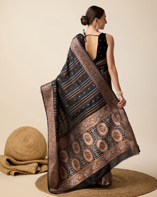 Vedant Vastram Soft Litchi Silk Banarasi Silk Saree - Black | Swadesiicart