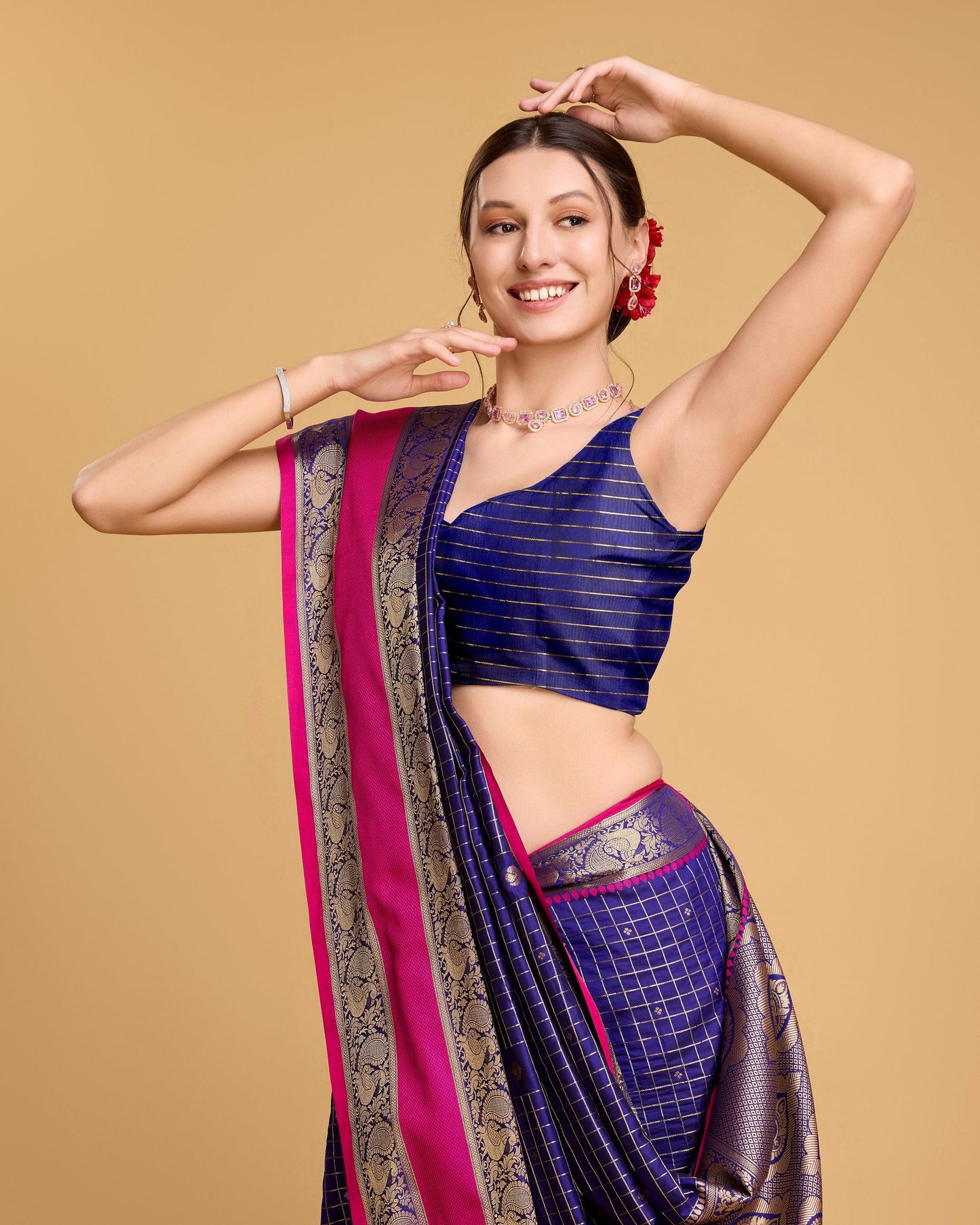 Vedant Vastram Soft Litchi Silk Banarasi Silk Saree - Blue | Swadesiicart
