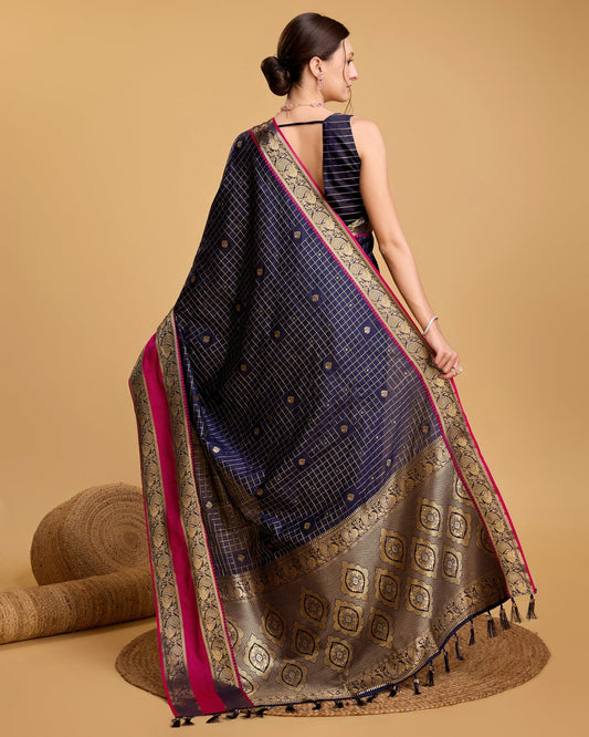 Vedant Vastram Soft Litchi Silk Banarasi Silk Saree - Navy | Swadesiicart