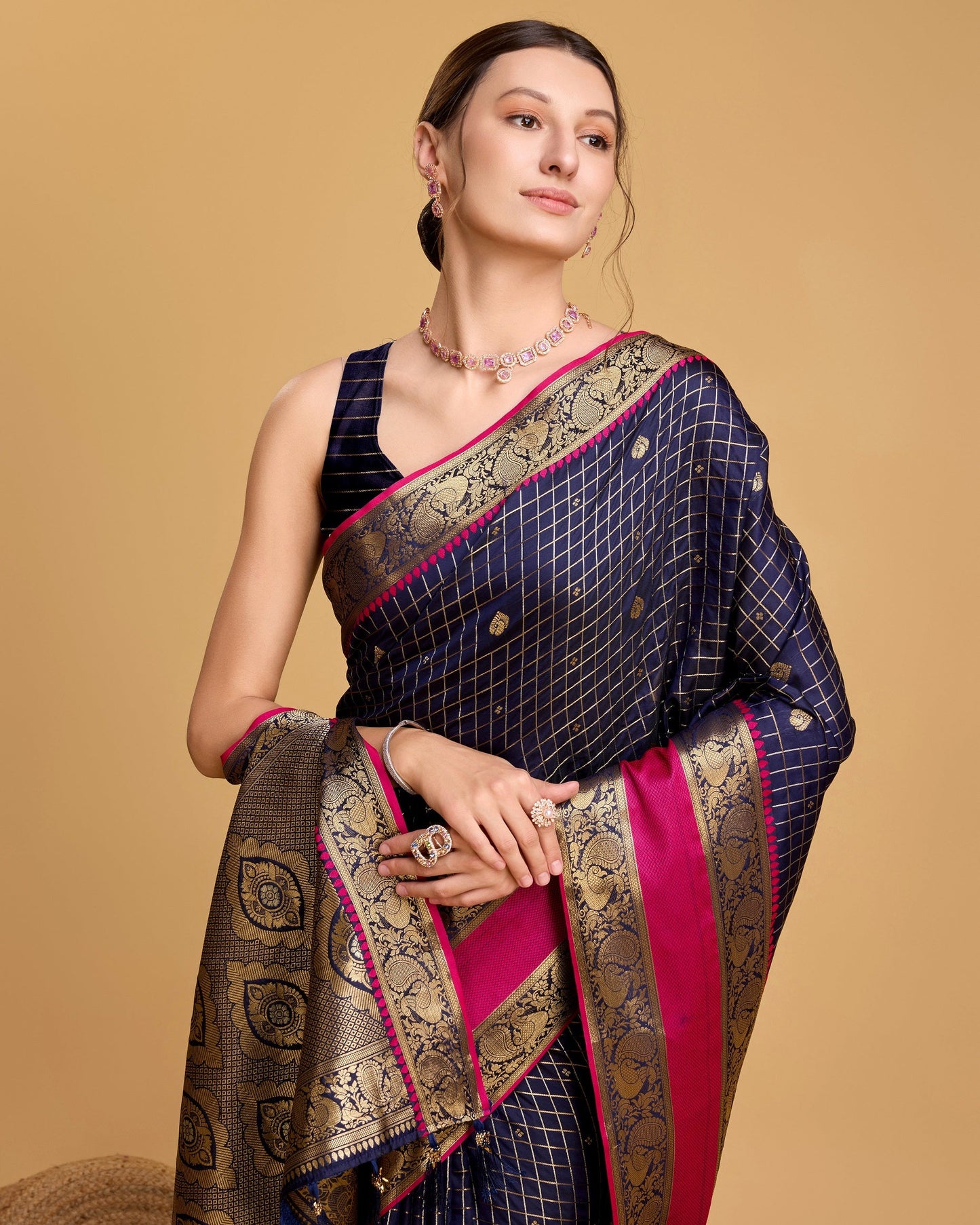 Vedant Vastram Soft Litchi Silk Banarasi Silk Saree - Navy | Swadesiicart