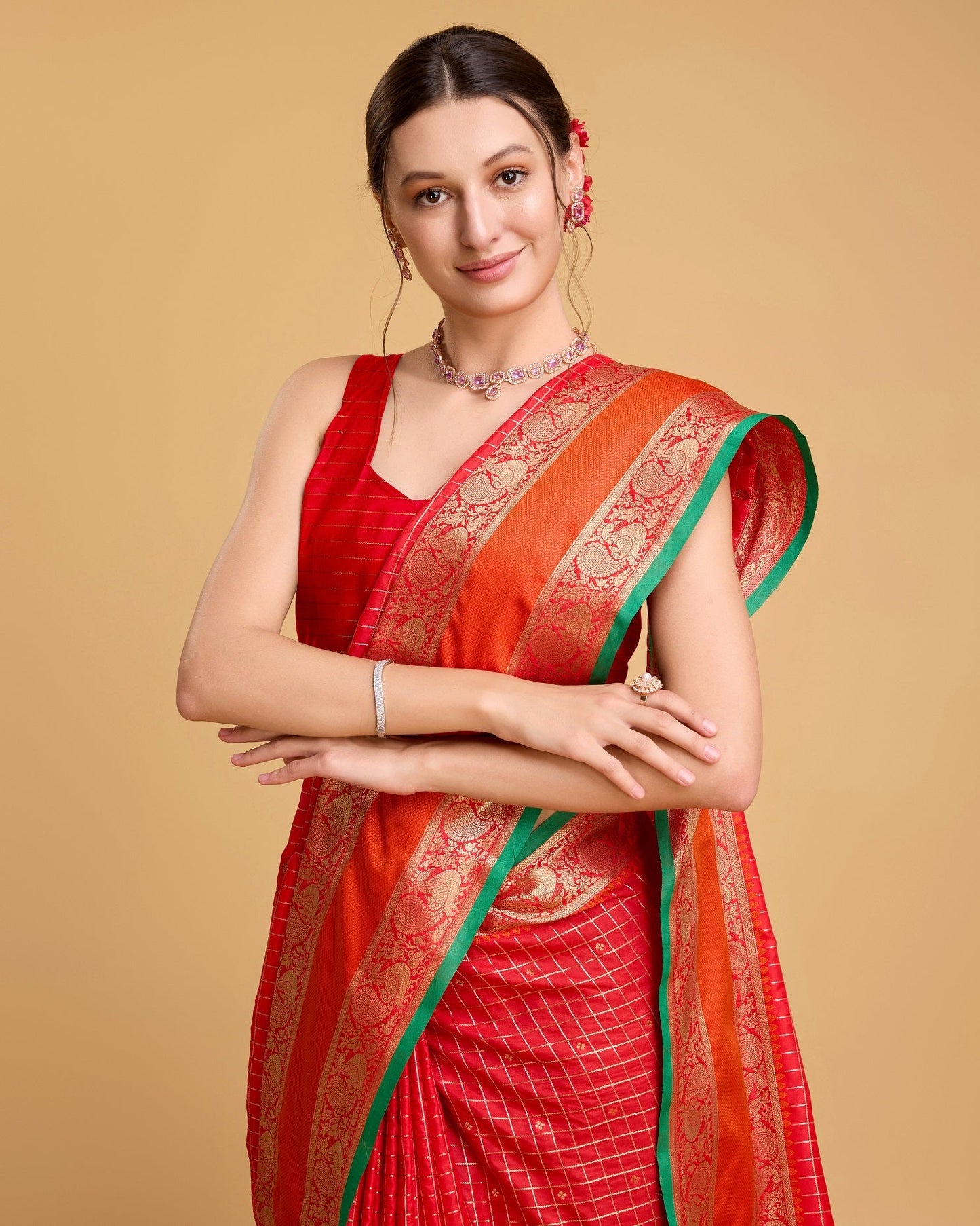 Vedant Vastram Soft Litchi Silk Banarasi Silk Saree - Red | Swadesiicart