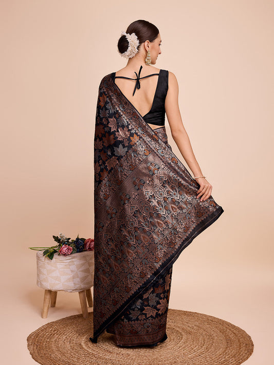 Vedant Vastram Soft Litchi Silk Banarasi Silk Saree - Black | Swadesiicart