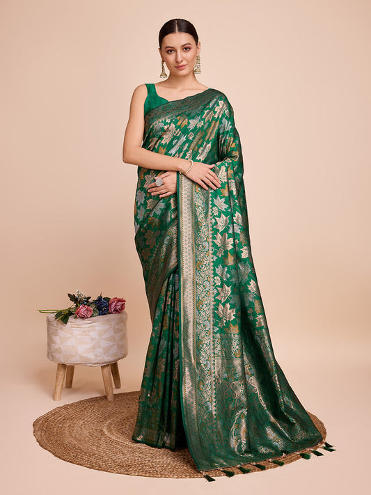 Vedant Vastram Soft Litchi Silk Banarasi Silk Saree - Green | Swadesiicart