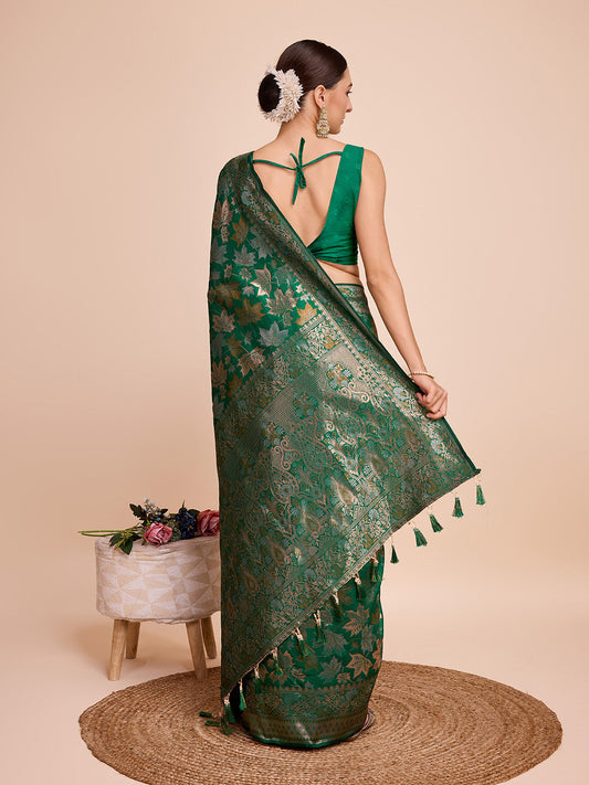 Vedant Vastram Soft Litchi Silk Banarasi Silk Saree - Green | Swadesiicart