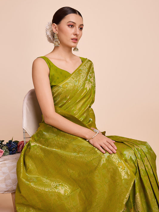 Vedant Vastram Soft Litchi Silk Banarasi Silk Saree - Olive | Swadesiicart