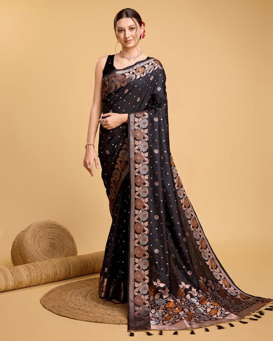Vedant Vastram Soft Litchi Silk Banarasi Silk Saree - Black | Swadesiicart