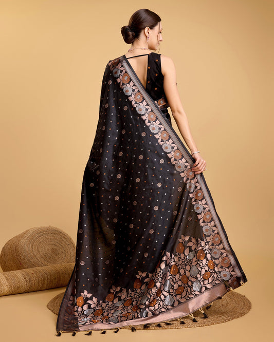 Vedant Vastram Soft Litchi Silk Banarasi Silk Saree - Black | Swadesiicart