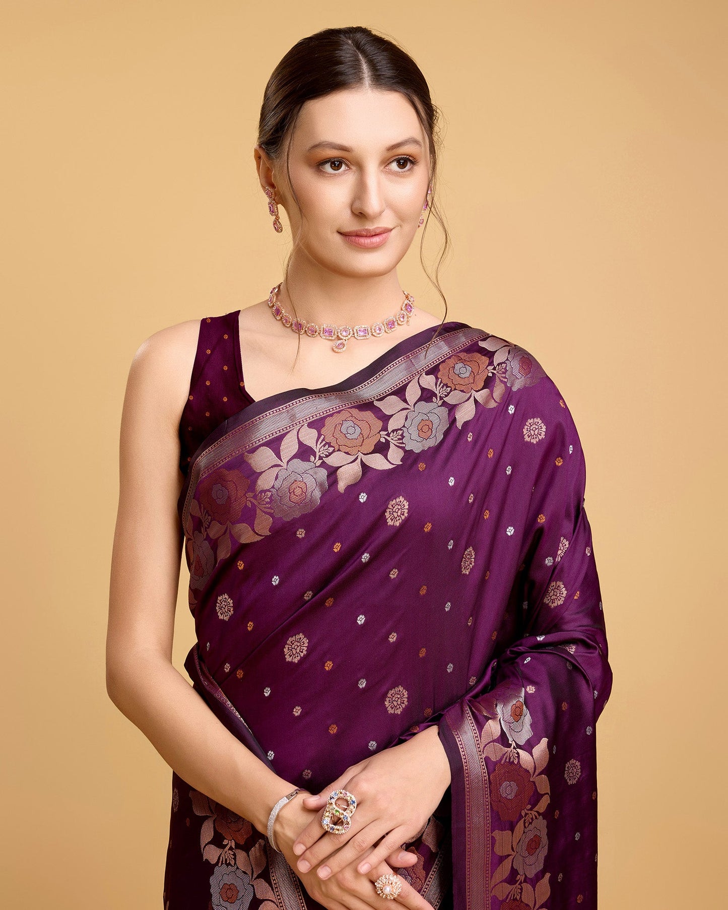 Vedant Vastram Soft Litchi Silk Banarasi Silk Saree - Wine | Swadesiicart