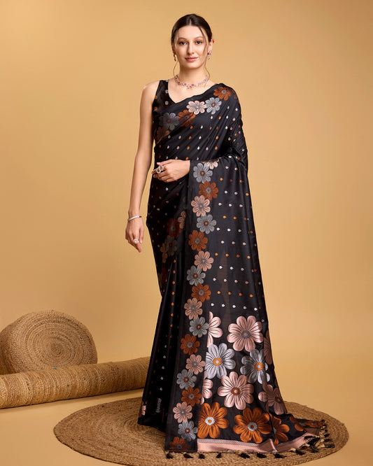 Vedant Vastram Soft Litchi Silk Banarasi Silk Saree - Black | Swadesiicart