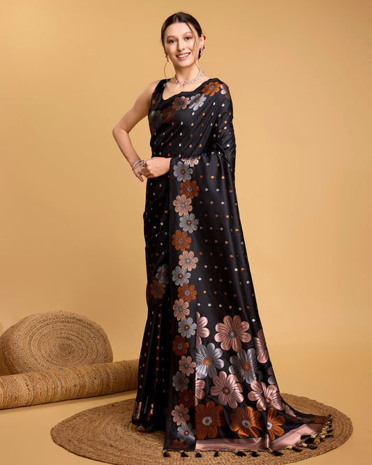 Vedant Vastram Soft Litchi Silk Banarasi Silk Saree - Black | Swadesiicart