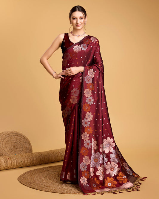 Vedant Vastram Soft Litchi Silk Banarasi Silk Saree - Maroon | Swadesiicart