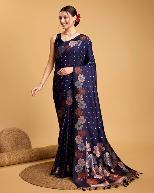 Vedant Vastram Soft Litchi Silk Banarasi Silk Saree - Navy | Swadesiicart