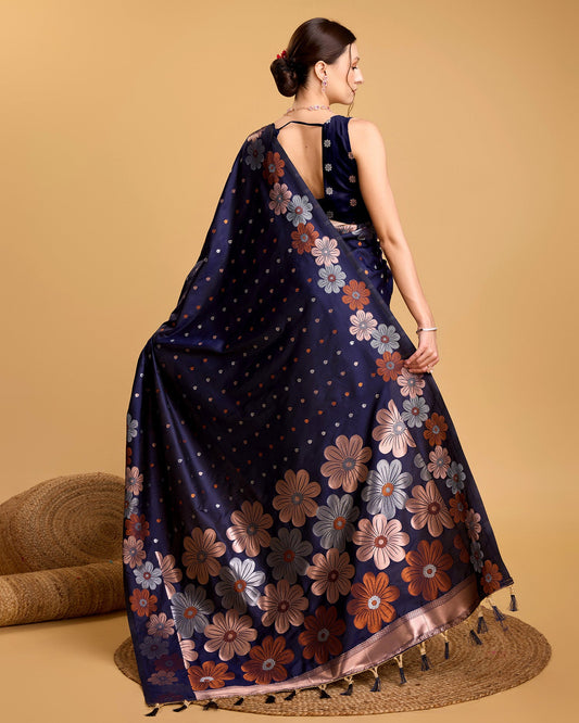 Vedant Vastram Soft Litchi Silk Banarasi Silk Saree - Navy | Swadesiicart