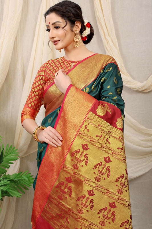 Jyoti Fashion Women's Bottle Green Banarasi Silk Zari Woven Saree with Blouse | Swadesiicart