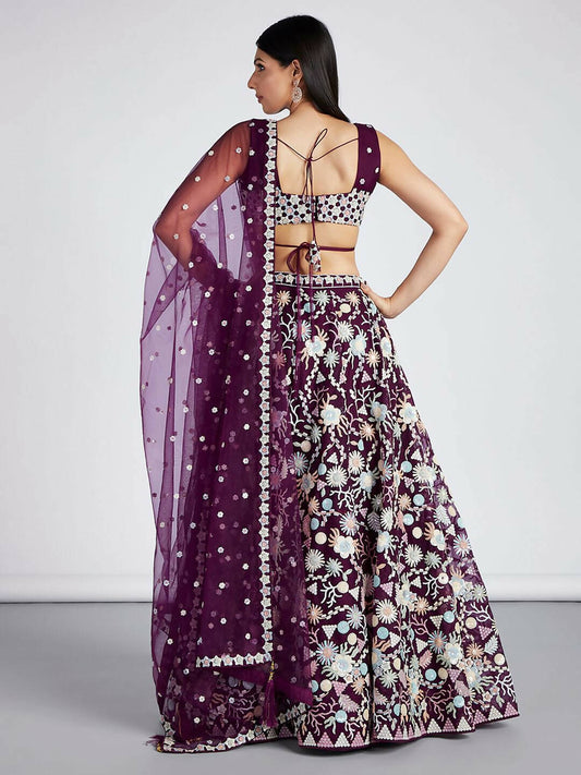 House of Panchhi Burgundy Net heavy Sequinse embroidery Semi-Stitched Lehenga choli & Dupatta | Swadesiicart