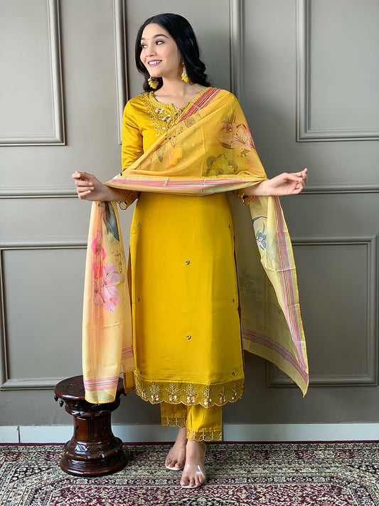 Partywear Designer Chanderi Mustard Stitched Suit With Dupatta - Tanisha | Swadesiicart