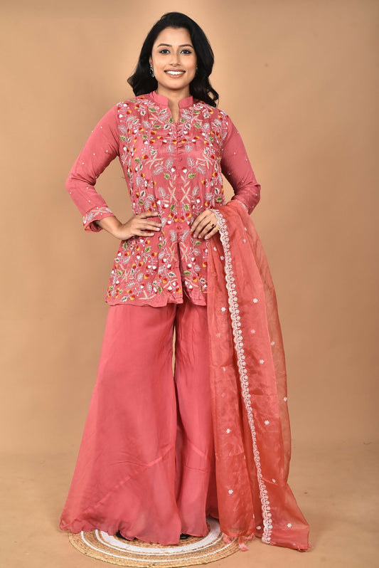 Morchari Women And Hand Embroidery Palazzo Set-Rust - Swadesiicart