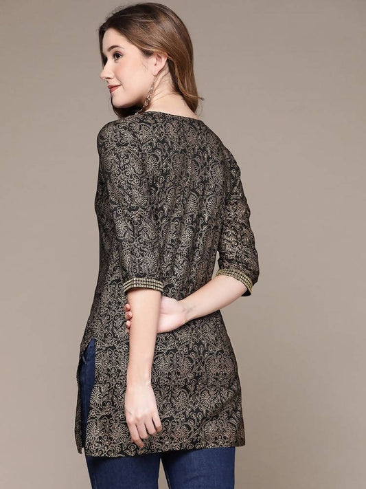 Anubhutee Black & Gold-Toned Ethnic Motifs Printed Kurti | Swadesiicart