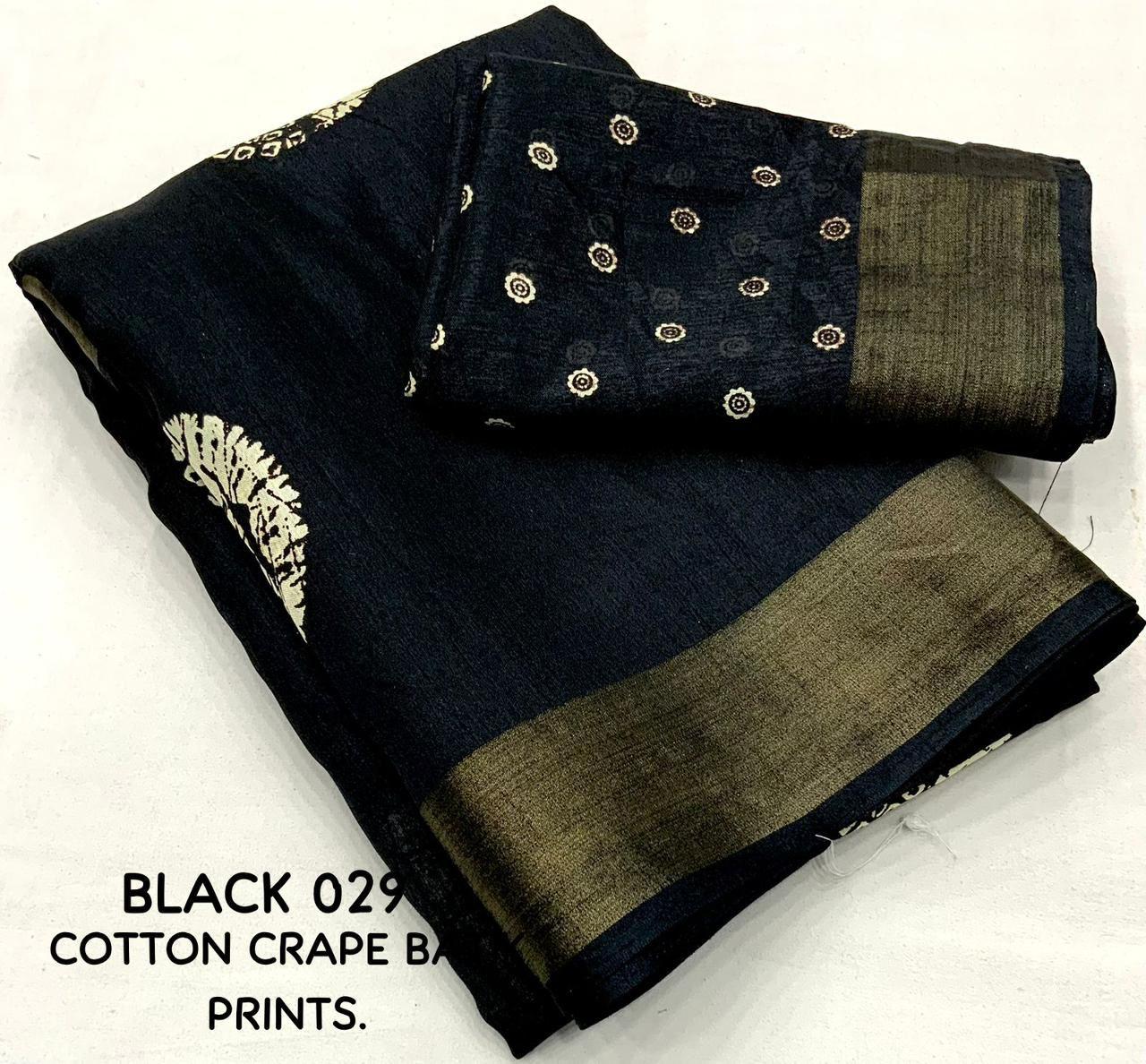 Black Cotton Crepe Batik Print Saree with Unstitched Blouse - Hiral Fashion | Swadesiicart