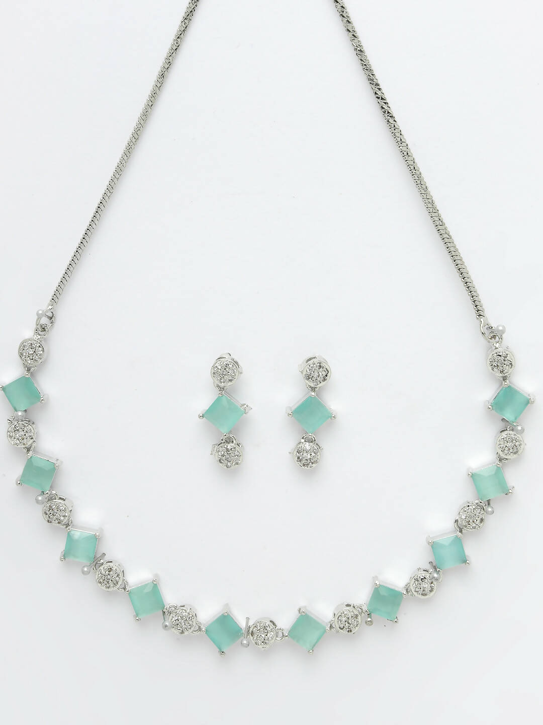 NVR Women Silver Plated & Blue Cz Stone Handcrafted Jewellery Set - Swadesiicart