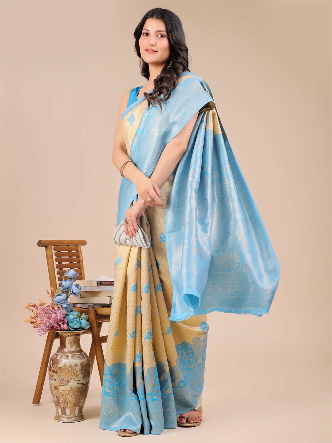 Astita Banarasi Silk Cream & Sky Blue Saree | Swadesiicart