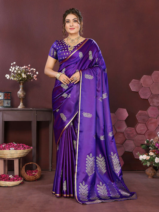 Joban Fashion Purple Floral Motifs Banarasi Silk Sarees | Swadesiicart