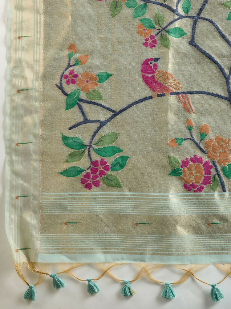 Vishnu Weaves Women's Firozi Muga Cotton Thread Woven Butti with Blouse - Swadesiicart