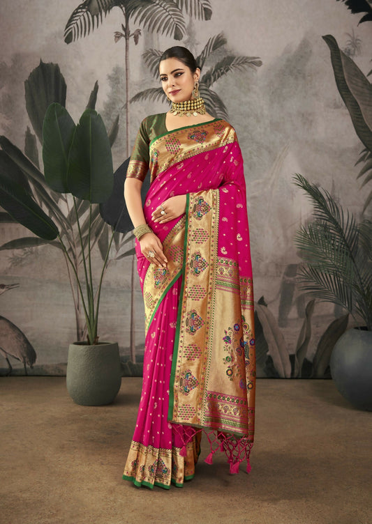 Vishnu Weaves Women's Rani Paithani Silk Saree with Blouse - Swadesiicart