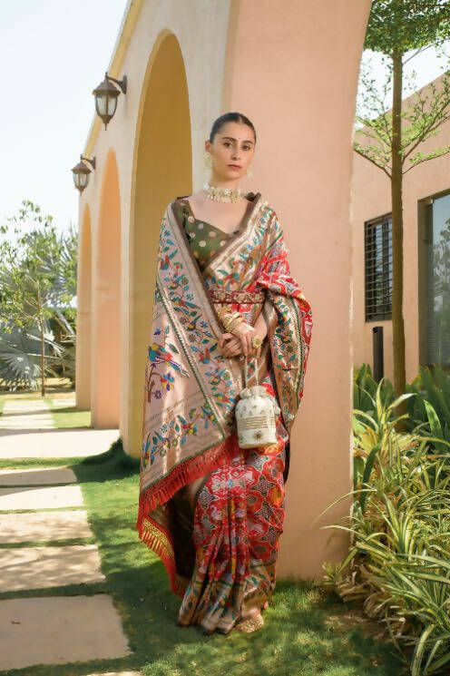 Vishnu Weaves Women's Red Paithani Silk Zari Woven Saree with Unstitched Blouse - Swadesiicart