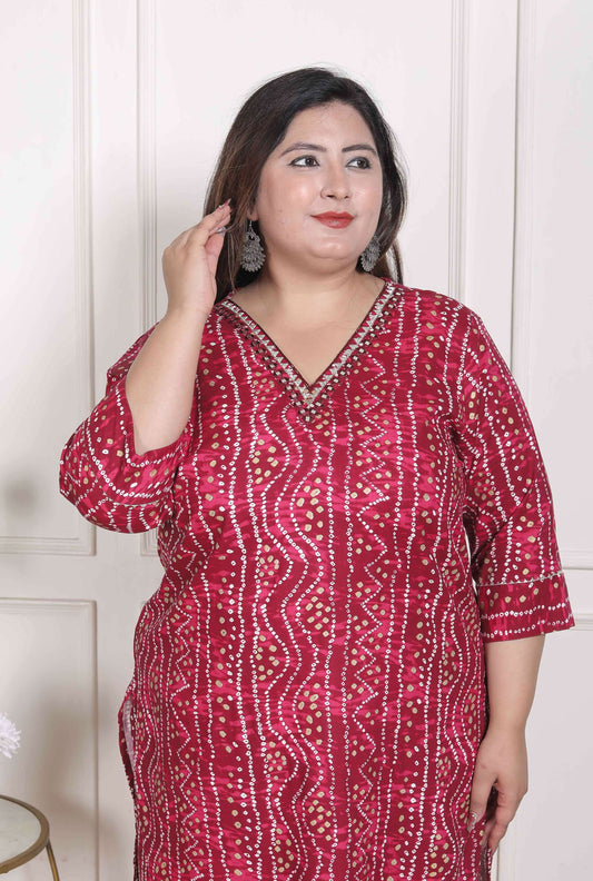 Miravan Women's Plus Size Bandhej Printed Rayon Kurta Magenta - Swadesiicart