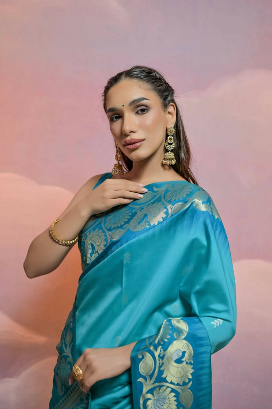 Vishnu Weaves Women's Firozi Soft Silk Zari Woven Saree with Blouse - Swadesiicart