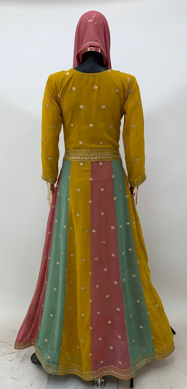 Lorenvalley Fashion Yellow Faux Georgette Embroidery with Sequince Work Gown Stitched | Swadesiicart