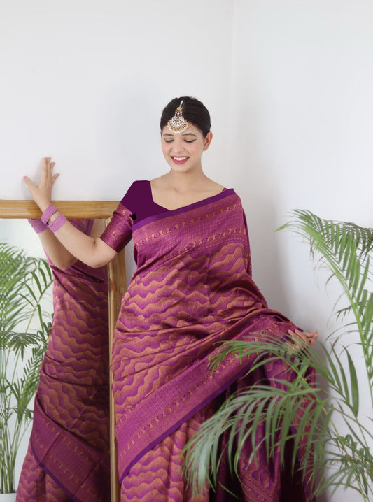 Vamika Weaving Banarasi Jacquard Purple Kanjivaram Saree | Swadesiicart