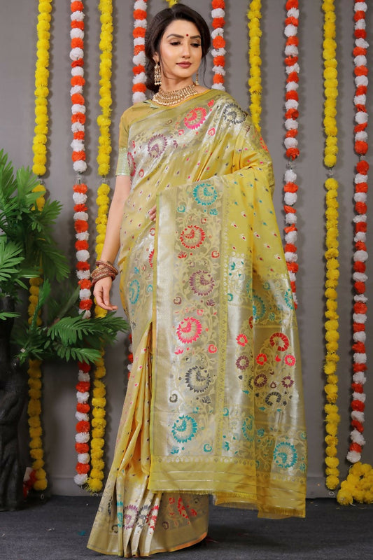 Jyoti Fashion Women's Mehndi Banarasi Silk Zari Woven Saree with Blouse | Swadesiicart