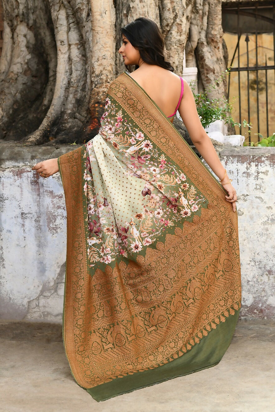 Joban Fashion Olive Green And Ivory Pure Crepe Pure Handloom Banarasi Silk Saree | Swadesiicart