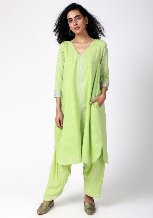 trueBrowns Green Silver Laced Kurta- Ruffled Pant | Swadesiicart