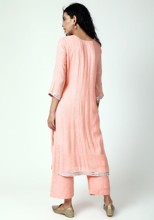 trueBrowns Peach Gota Slit Kurta-Pant-Dupatta | Swadesiicart