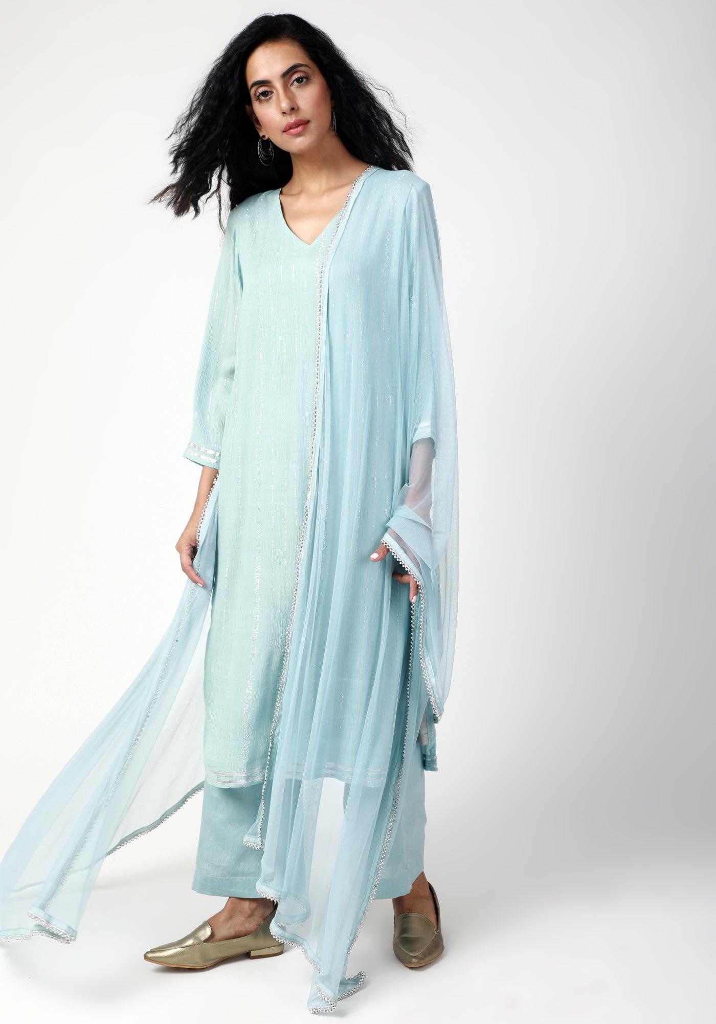 trueBrowns Blue Gota Slit Kurta-Pant-Dupatta | Swadesiicart